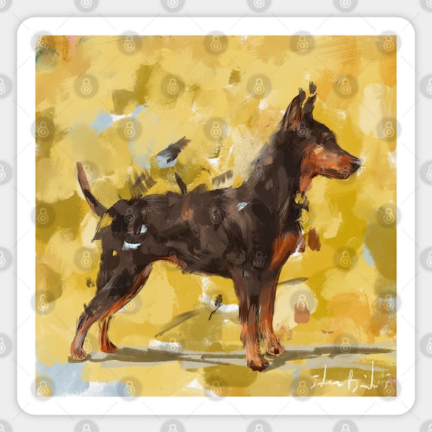 An Impressionistic Painting of a Pinscher on Yellow Background Sticker by ibadishi